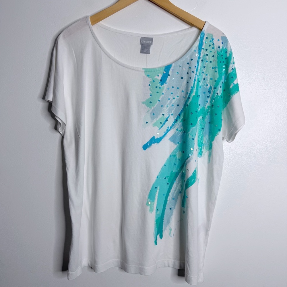 NWT Chico’s Knit Top Cool Brushed Tee Short Sleeves White Large Chico 2 Abstract